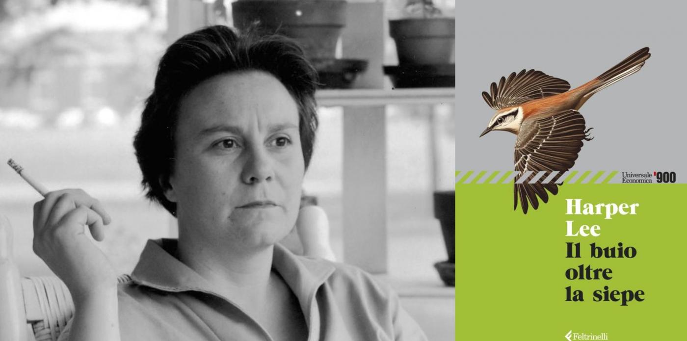 La scrittrice Harper Lee e la cover di 