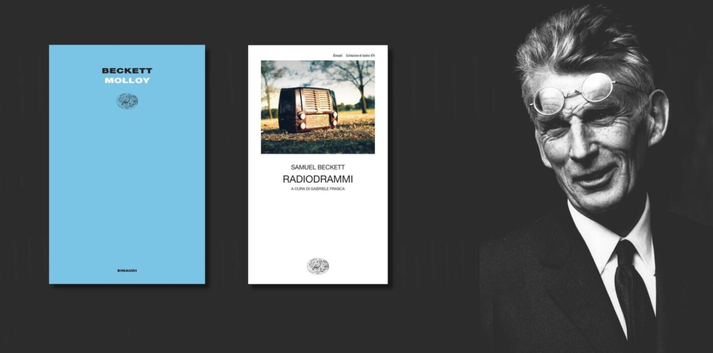 La copertina del libro Molloy e Radiodrammi e un mezzo busto del loro autore, lo scrittore Samuel Beckett