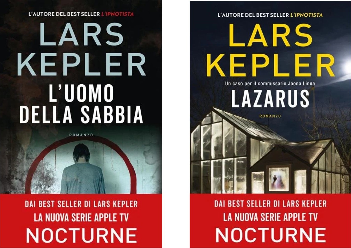 La copertina dei libri L'uomo della sabbia e Lazarus di Lars Kepler