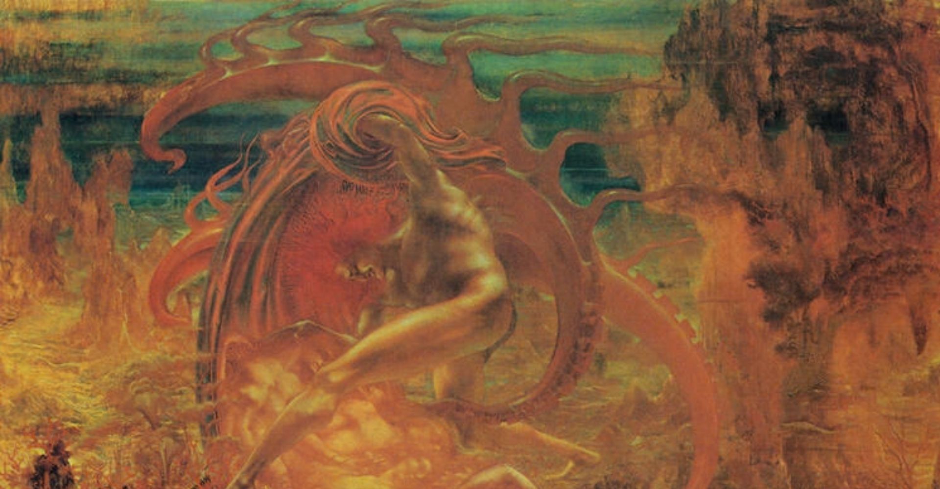 "I tesori di Satana", Jean Delville (olio su tela, 1895, Royal Museums of Fine Arts of Belgium di Bruxelles)